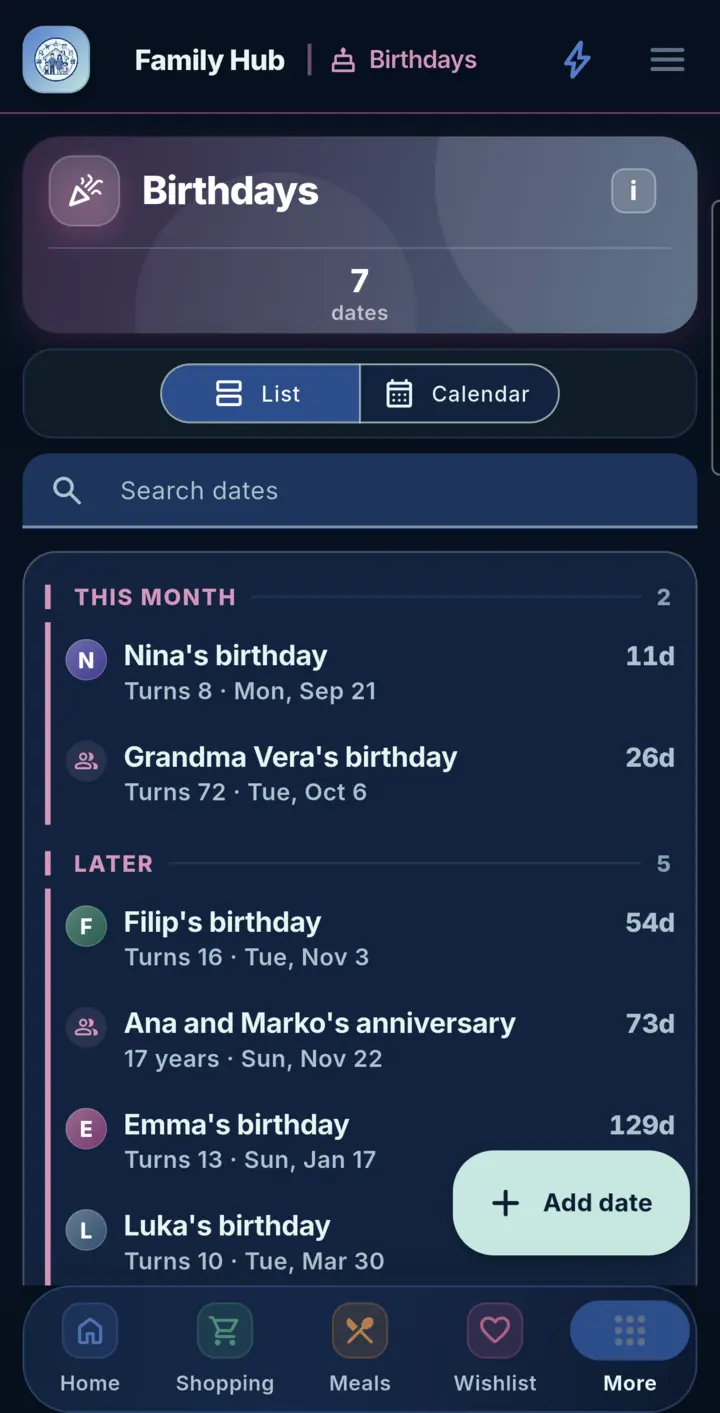 Important dates in Family Hub, on a phone