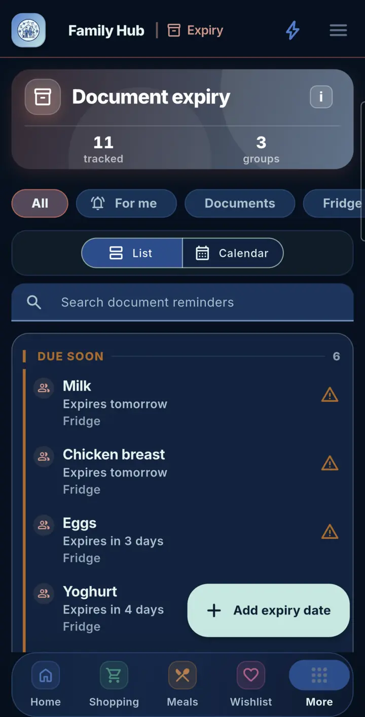 Document expiry in Family Hub, on a phone