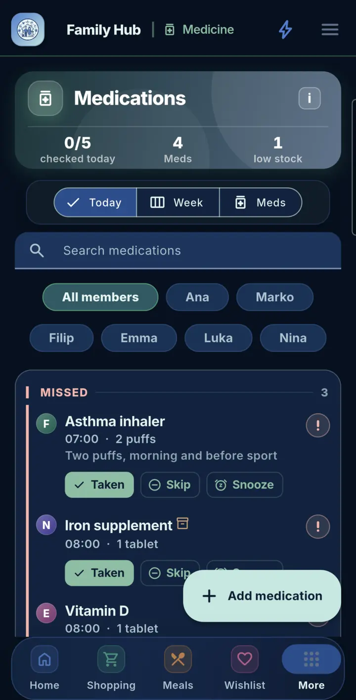 Medications in Family Hub, on a phone