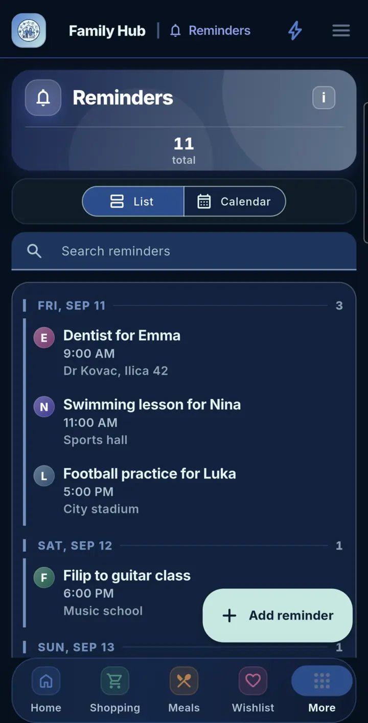Reminders in Family Hub, on a phone