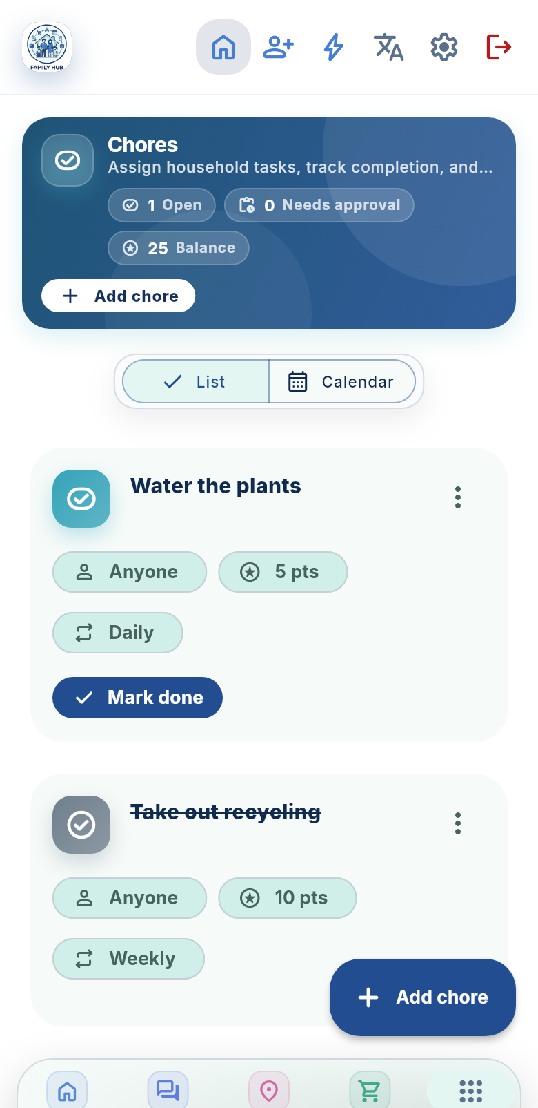Household chores with points and approval